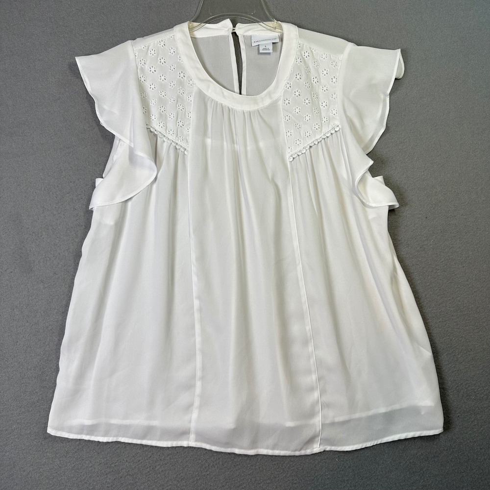 Liz Claiborne Boho White Ruffle Eyelet Blouse Romantic Cottagecore Large White